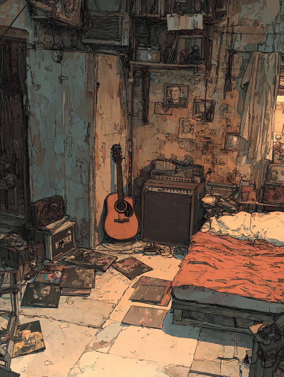 A bare room with a mattress on the floor, an acoustic guitar leaning by an amplifier, and records scattered around.