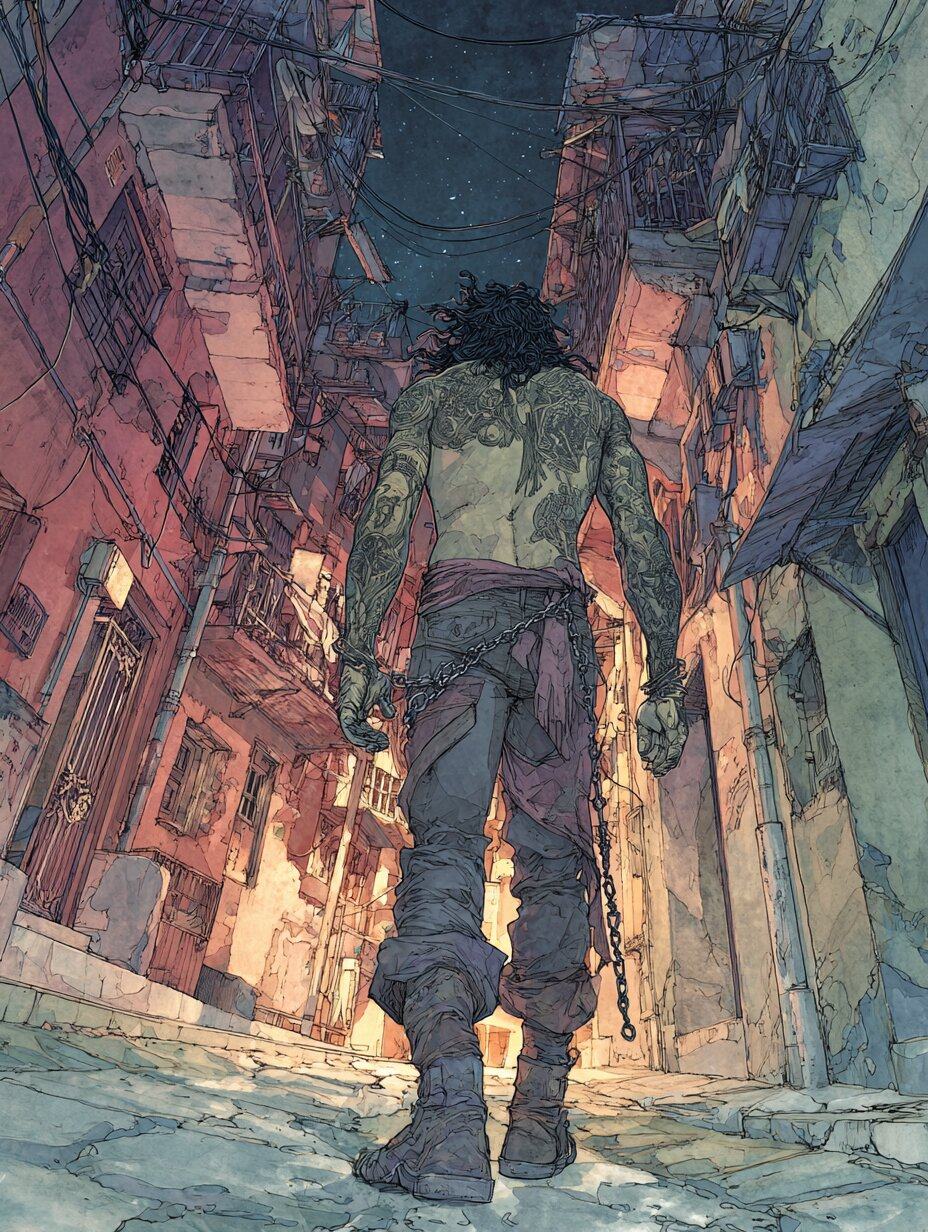 Seen from behind, a shirtless man with long curly hair and a chain at his belt walks down a narrow alley lit red and pink.