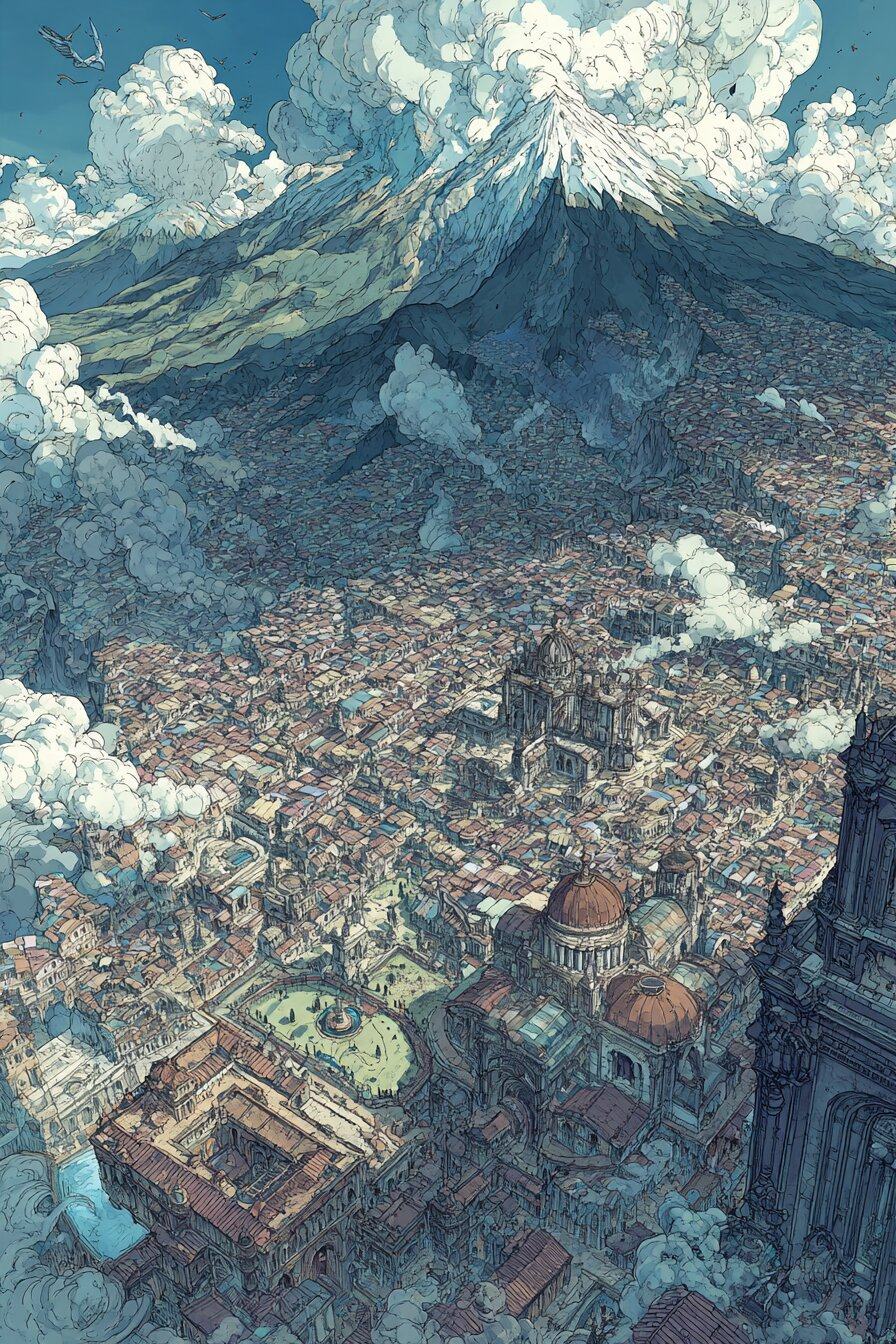 From high above, a city of tiled roofs and domed churches fills a valley beneath a snow capped volcano wrapped in cloud.