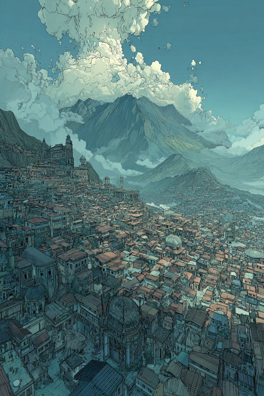 A dense city of tiled roofs spreads across a high valley toward dark peaks, a great white cloud towering above them.