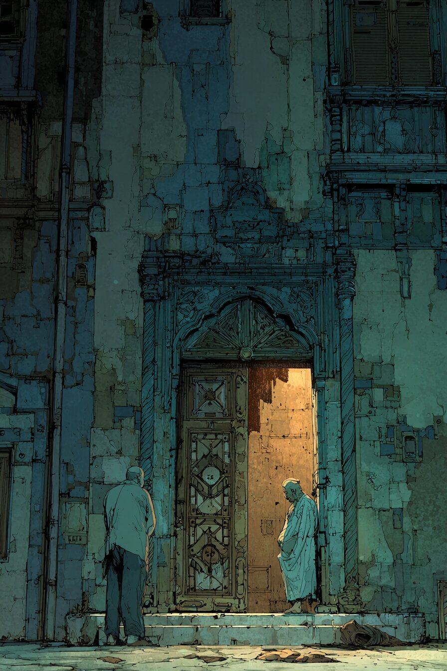 At night two men stand at a tall carved door in a crumbling wall, one outside on the step and one in a pale robe in the lit doorway.