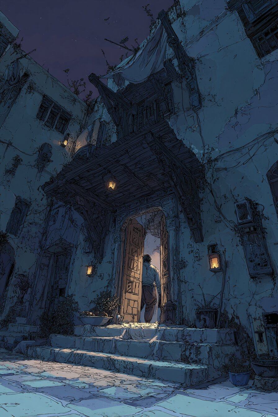 A figure climbs stone steps to a lit doorway in a crumbling courtyard at night, lanterns on either side.