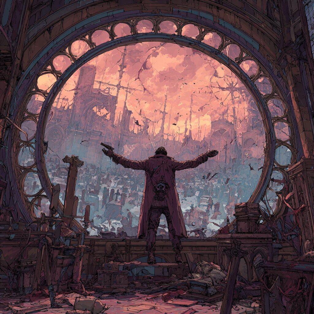 A man in a long coat stands with arms spread wide at a huge round window, looking over a dark city of crosses and towers under a red sky.