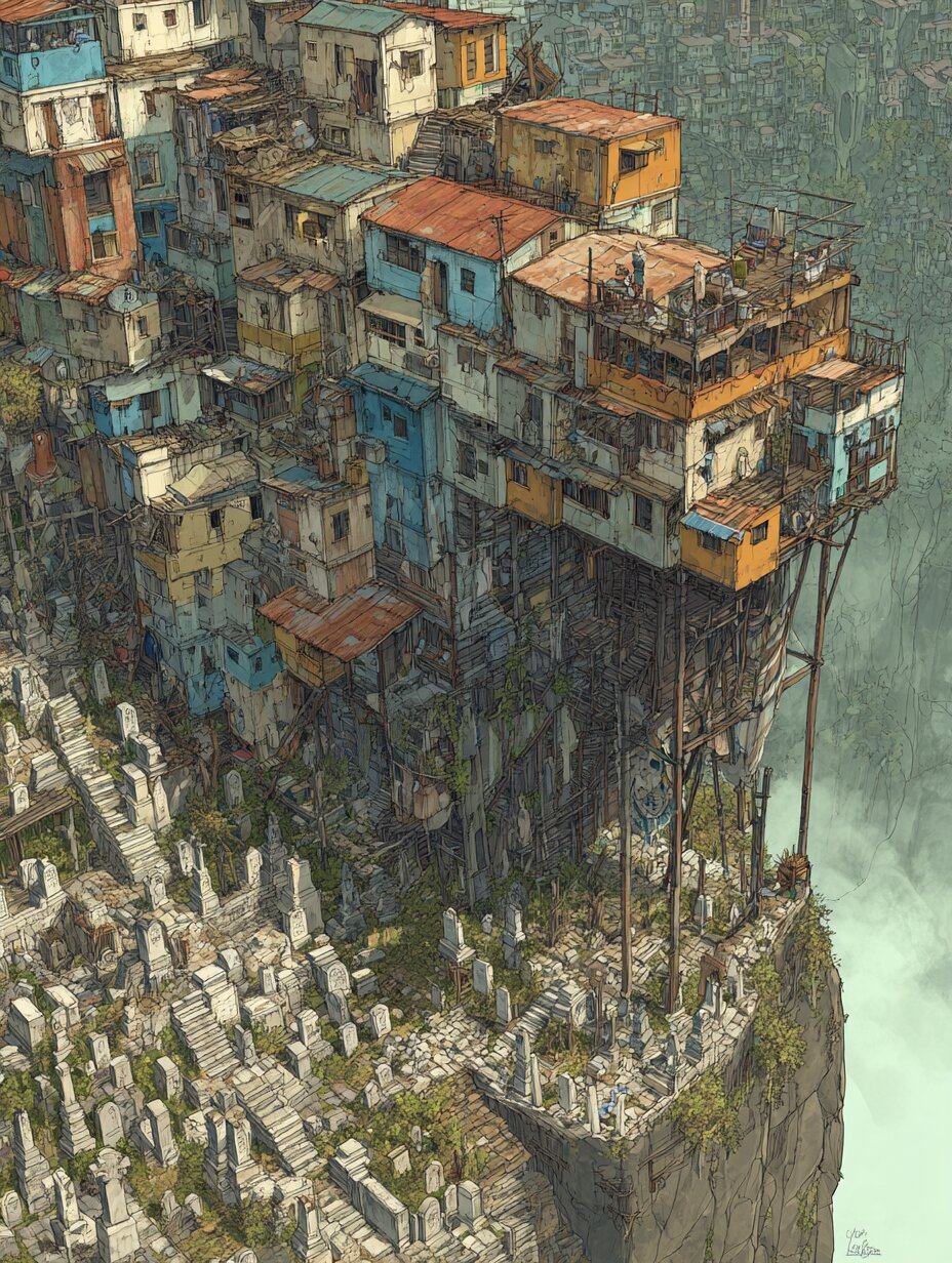 Brightly painted shanty houses pile on top of each other at the edge of a cliff, a hillside of white graves falling away below them.