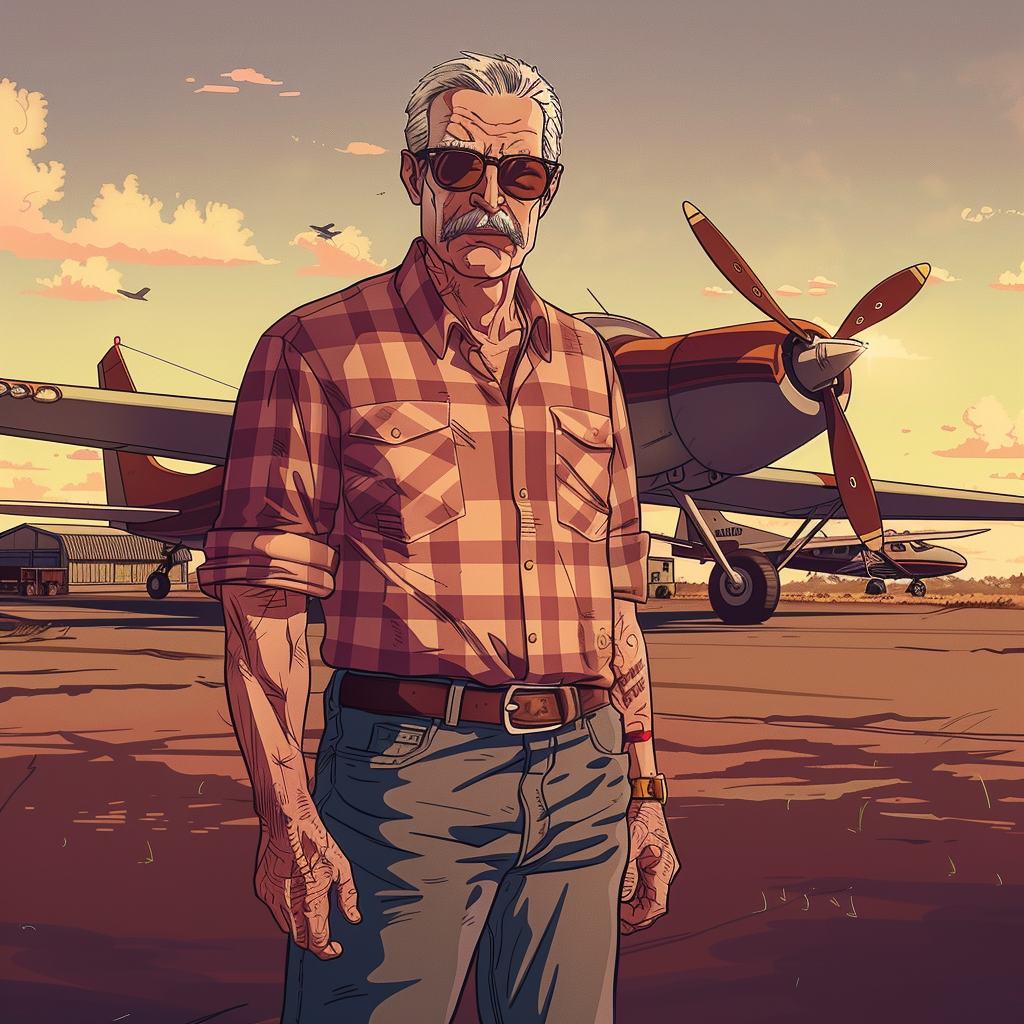 A white haired man with a thick moustache and dark square sunglasses stands on a dirt airstrip in a red checked shirt tucked into jeans with a leather belt, a small propeller plane behind him under an evening sky.
