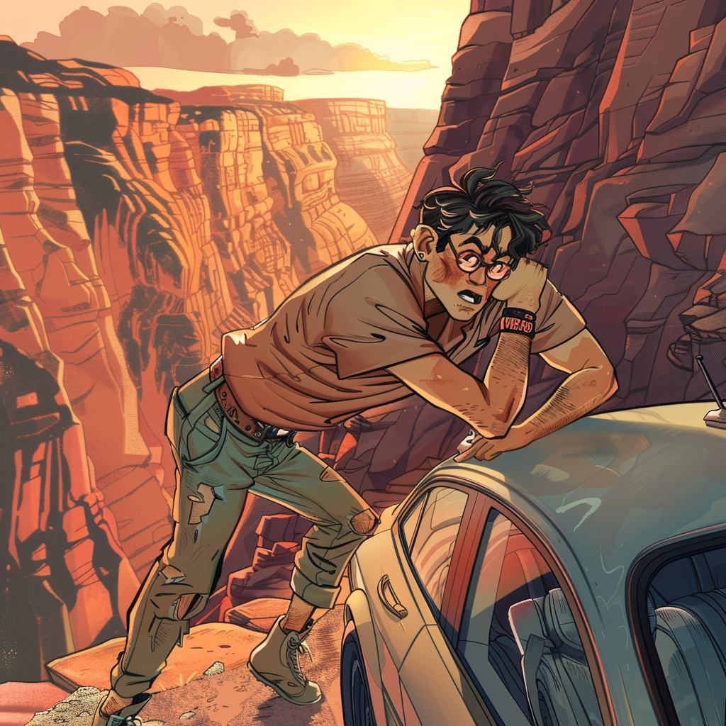 A young man with short black hair and round glasses leans on the roof of a pale grey car at the edge of a canyon and looks down at the drop below the road, red cliffs behind him in evening light.