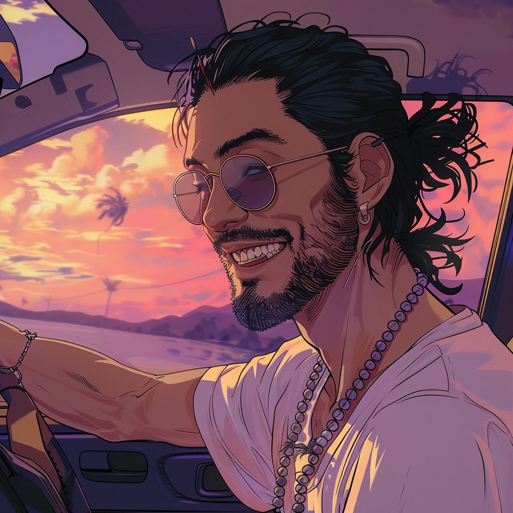 A man with dark hair tied back in a knot, a goatee and round sunglasses grins at the wheel of a car, a string of beads over his white shirt and a bracelet at his wrist, pink clouds and the sea through the window.
