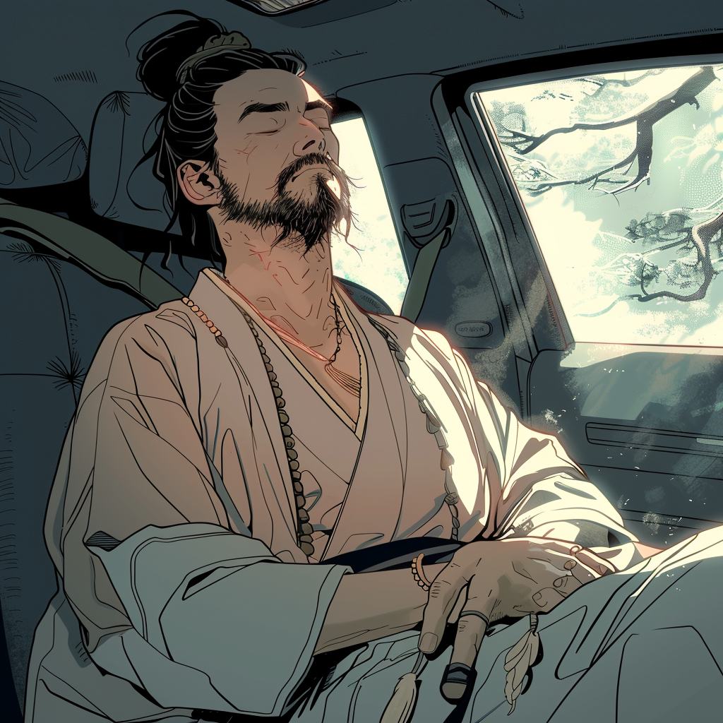 A man with his dark hair in a knot and a goatee sleeps with his head back in a car seat, in a loose white robe with a string of small beads, bare branches through the window behind him.