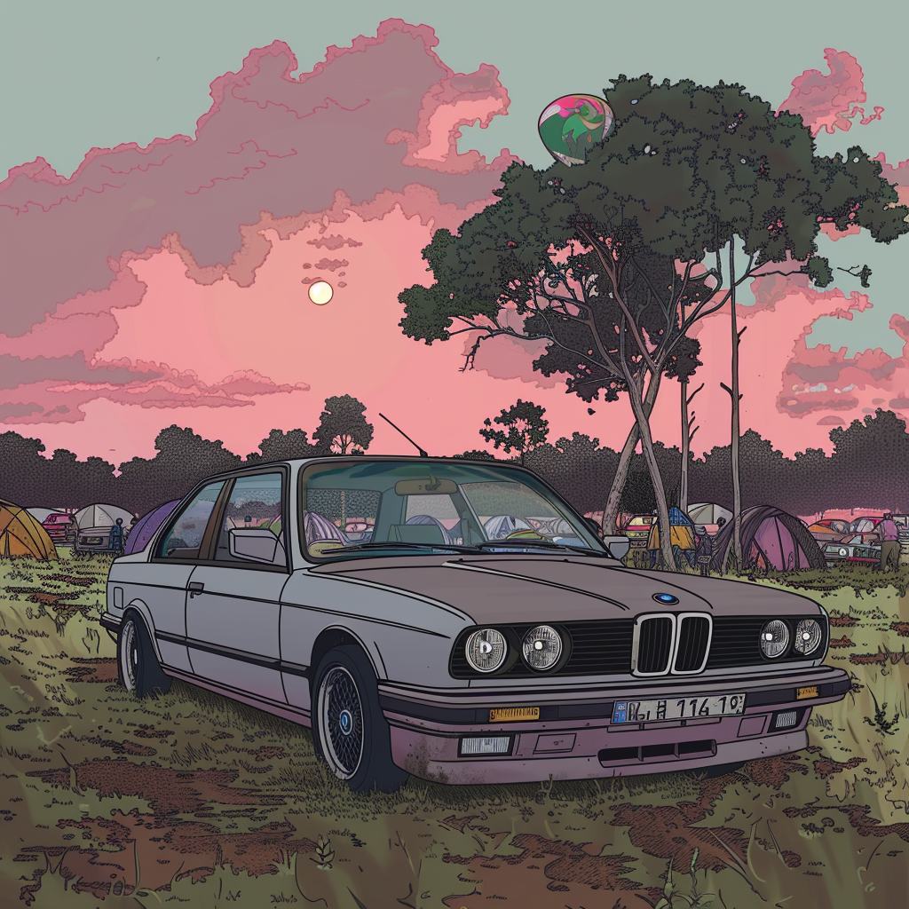 A pale grey two door saloon stands in a festival meadow under a pink dawn sky, tents and a tall tree behind it and a balloon caught in the branches.