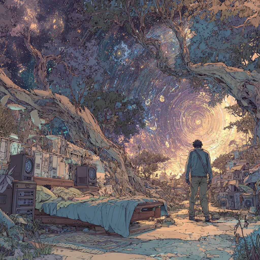 A man stands at night looking at a bed set among loudspeakers under a huge tree and a swirling violet sky.