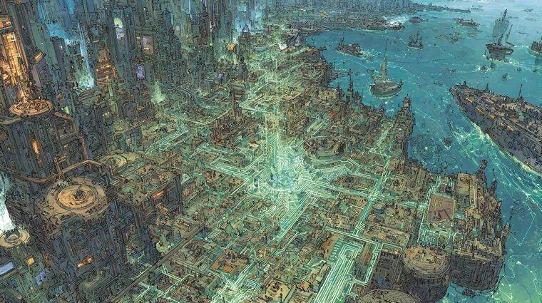 A coastal city from the air, its streets glowing like a circuit, ships in the bay.