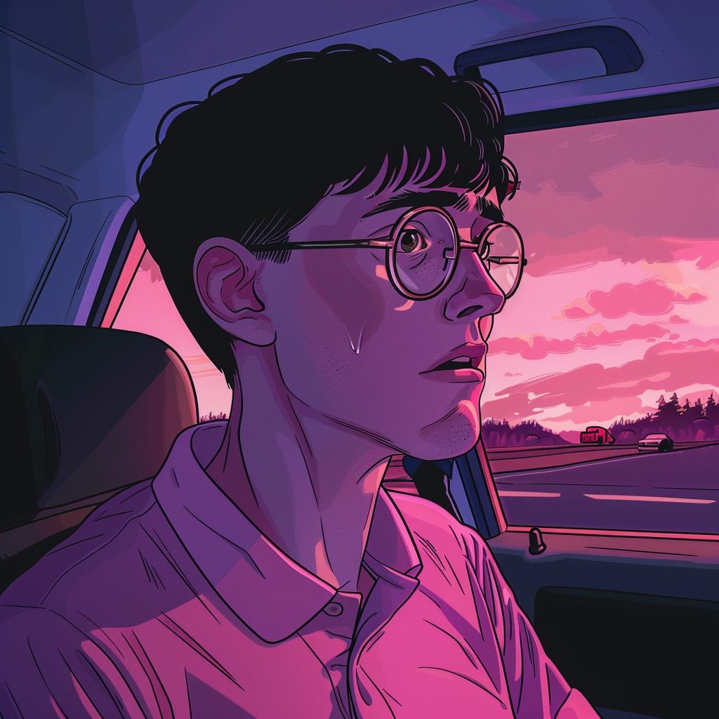 A young man with short black hair and round glasses looks out of the passenger window in a pink polo shirt, a drop of sweat on his cheek and a pink sky over the road.