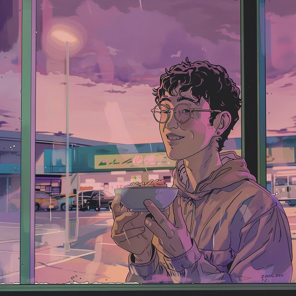 Seen through a car window, a young man with short dark curls and round glasses smiles with a bowl of cereal in his hands, the lit front of a store and a car park behind him under a violet sky.