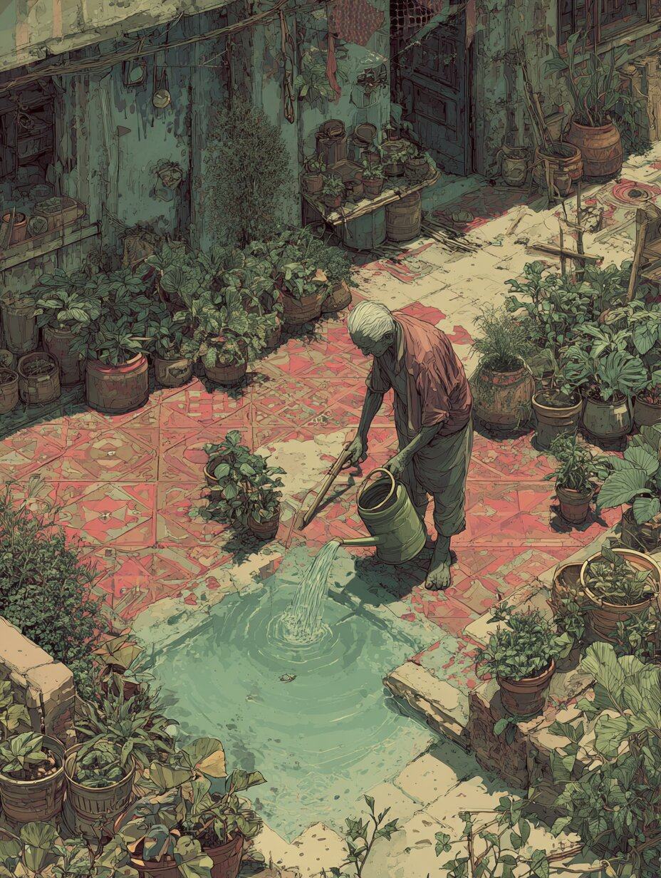 Seen from above, an old man waters potted plants in a tiled courtyard, water pooling at his feet.