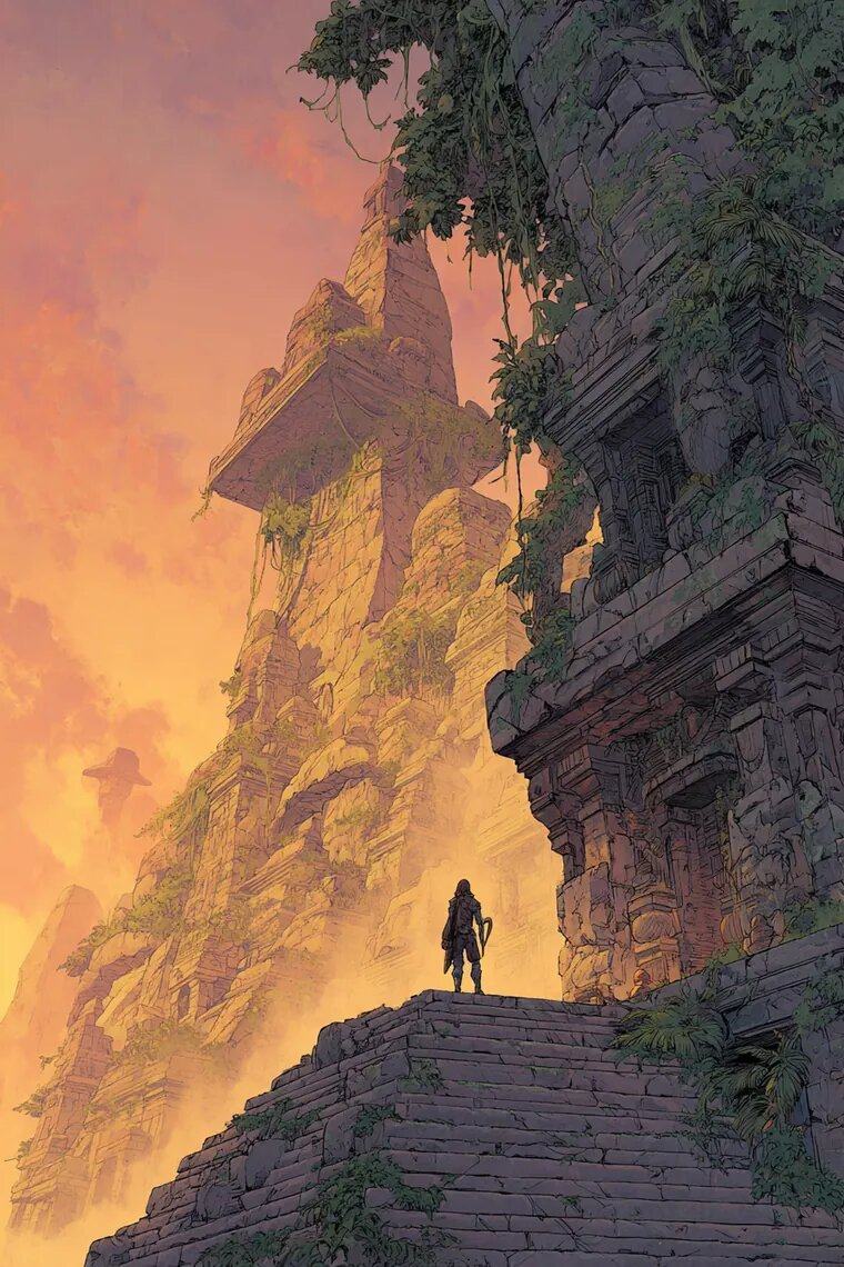 A lone figure on a ledge looks up at ruins on a cliff glowing orange at sunset.