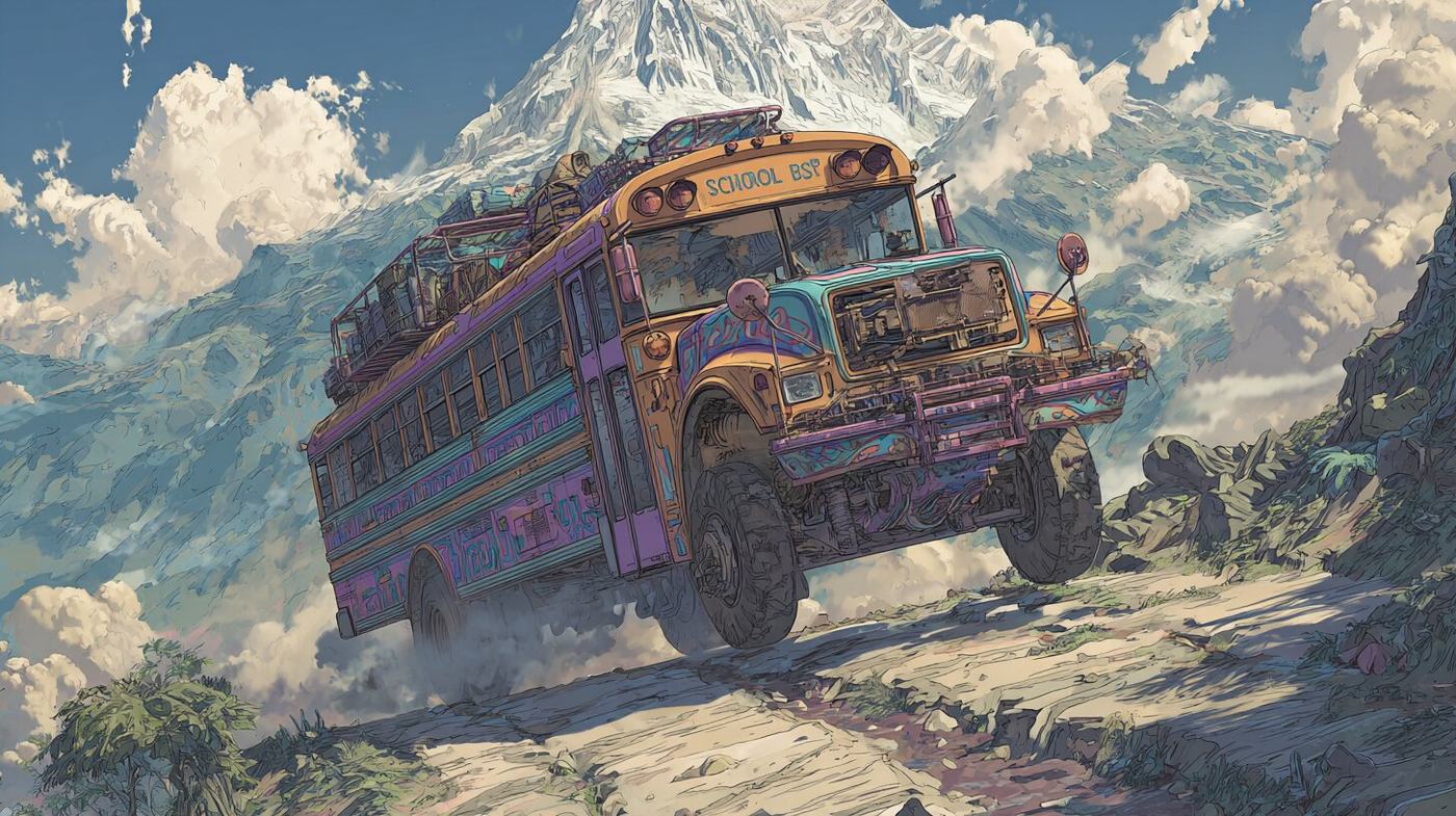 A school bus painted in wild colors and loaded with baggage on its roof tears down a mountain road, a snow capped volcano behind it.