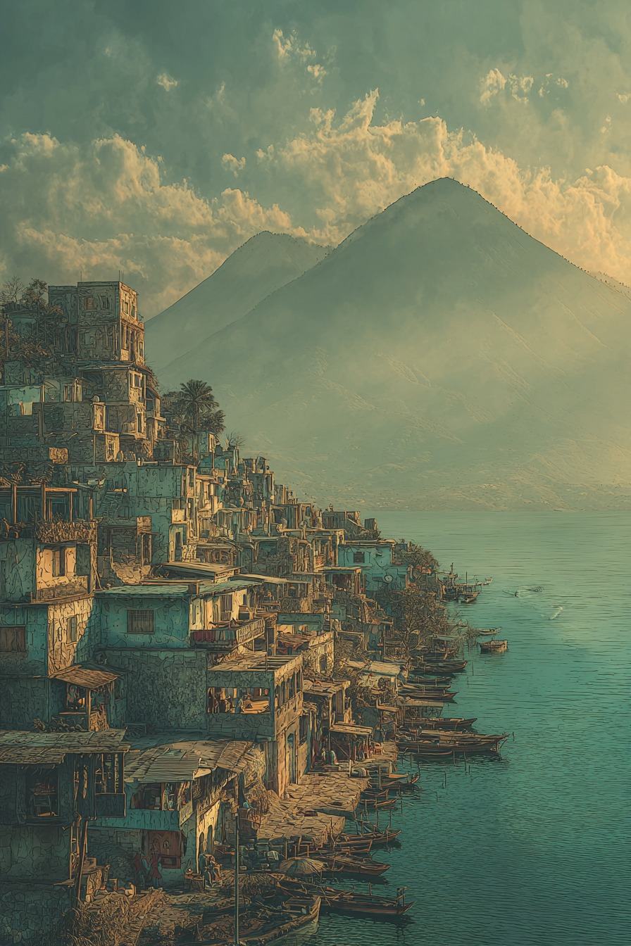 A village of stacked stone houses climbs a steep shore above calm green water, wooden boats moored below and a great volcano rising into gold cloud behind.