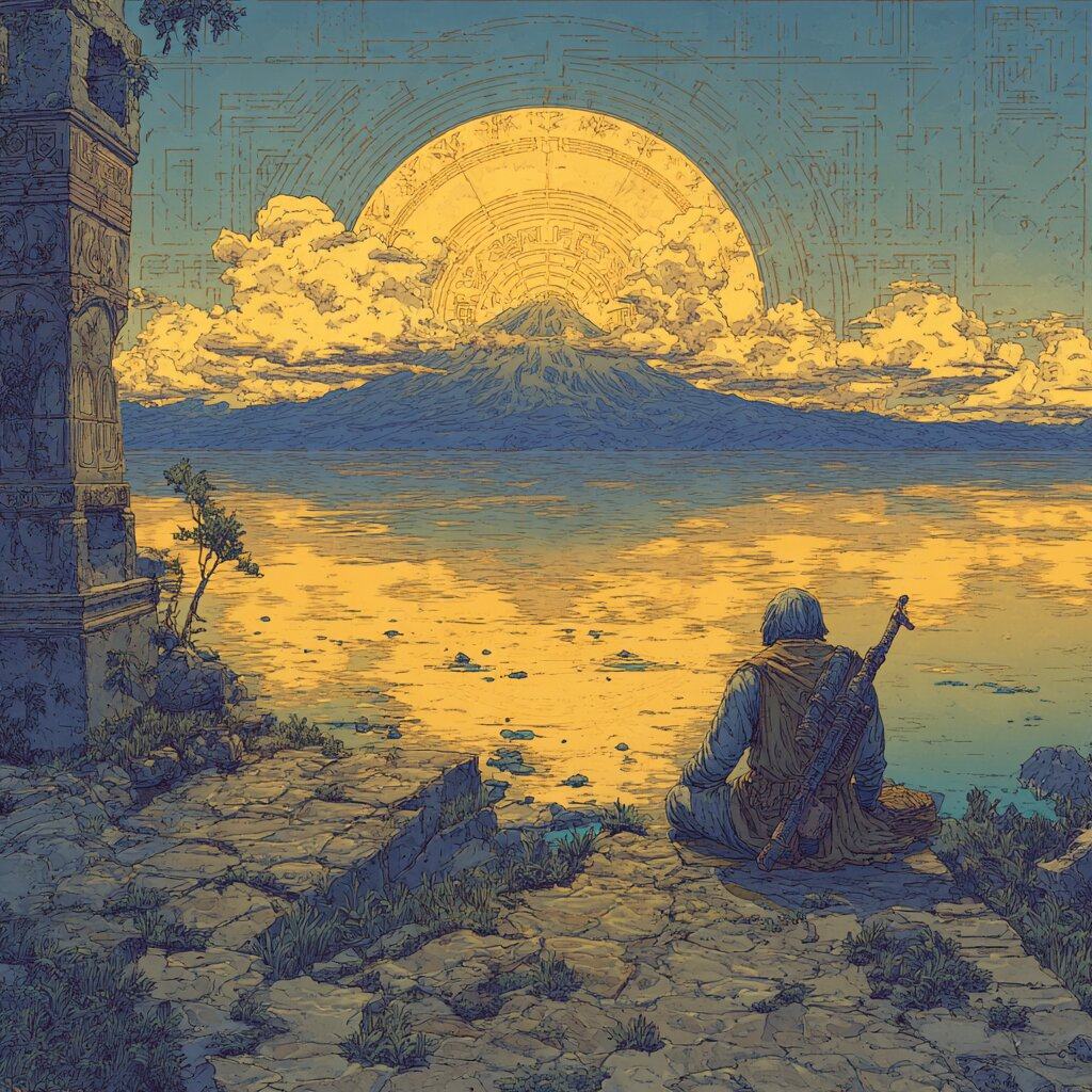 A figure sits on a stone terrace by a lake at sunset, facing a volcano and a huge sun patterned like a carved calendar.