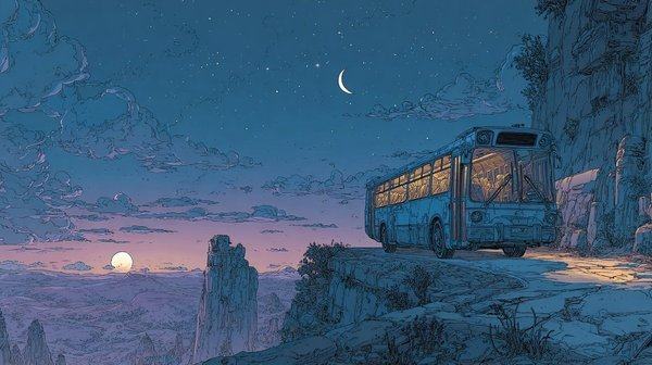 An old bus parked on a cliff edge at dusk, a low moon over a wide valley.