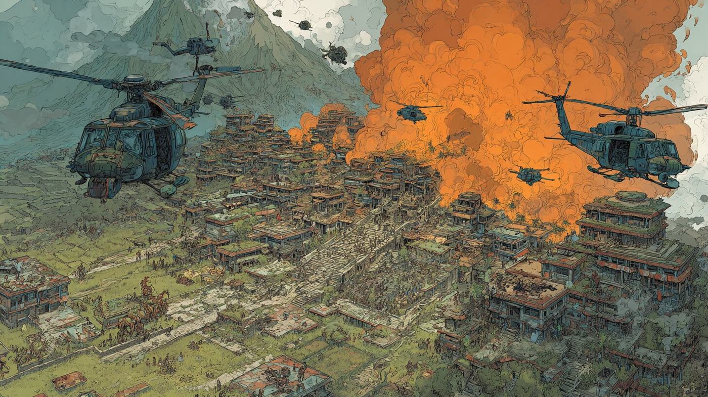 Helicopters circle over a highland village as a great cloud of orange fire and smoke rises from its houses.