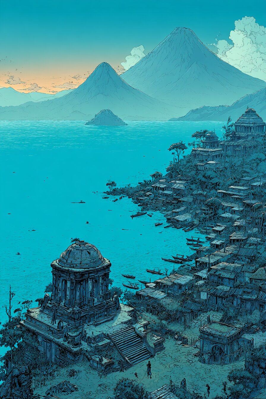 Two volcanoes rise from a deep blue lake, with a round stone temple and a crowded village along the near shore.