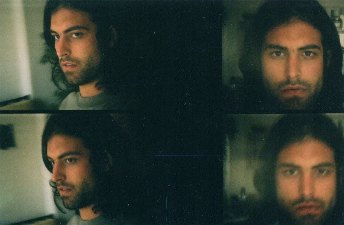 four self portraits of a bearded man indoors