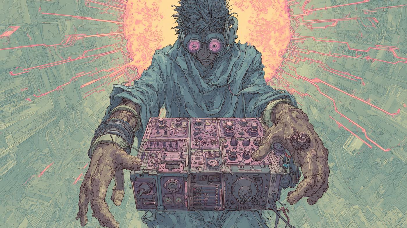 A many eyed figure with a halo of flame holds out a glowing box of controls with huge hands.