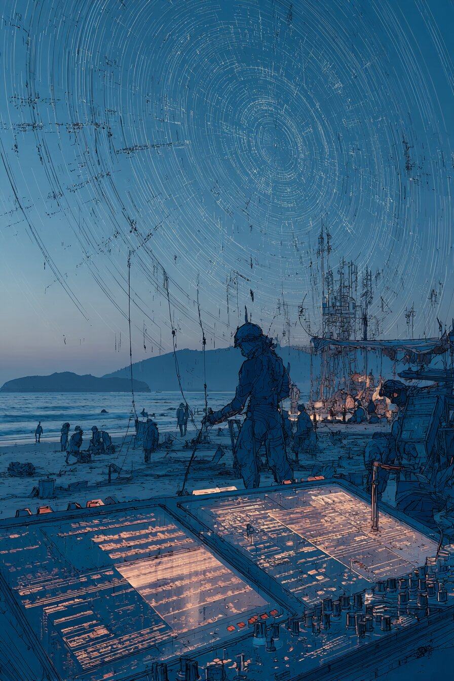 A large mixing desk glows in the foreground of a beach at dusk, dark figures standing along the shore and pale star trails circling in the blue sky.