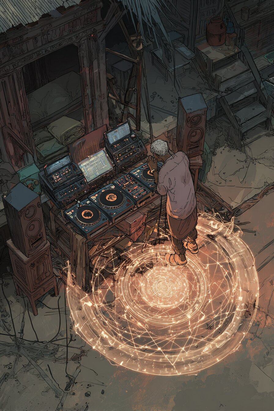 Seen from above, a white haired man stands at a booth of turntables and screens between tall speakers, a ring of glowing lines spreading over the sand at his feet.