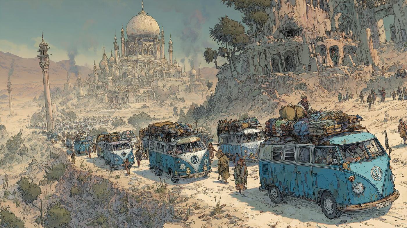 A line of blue and white camper vans piled with baggage drives up a dusty road past walkers, a white domed palace and a tall minaret in the haze behind.