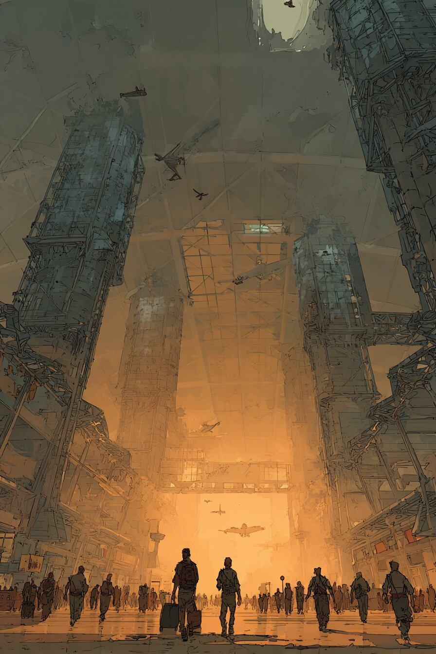 Small figures with suitcases cross a vast hall between towering dark structures, everything lit orange through smoke and haze.
