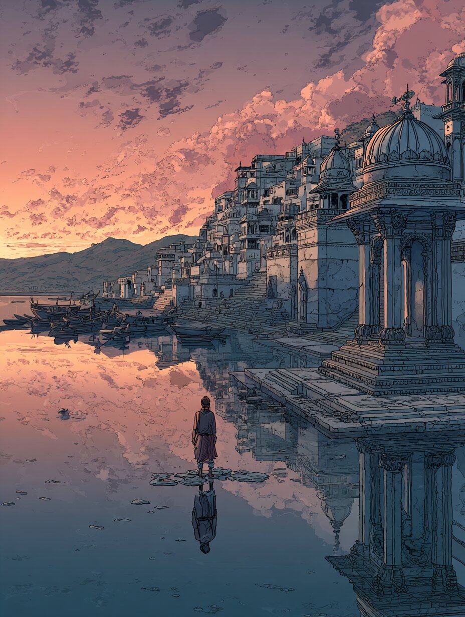 A lone figure stands on a small platform in a still lake at sunset, domed pavilions and stepped banks mirrored in the water under pink clouds.