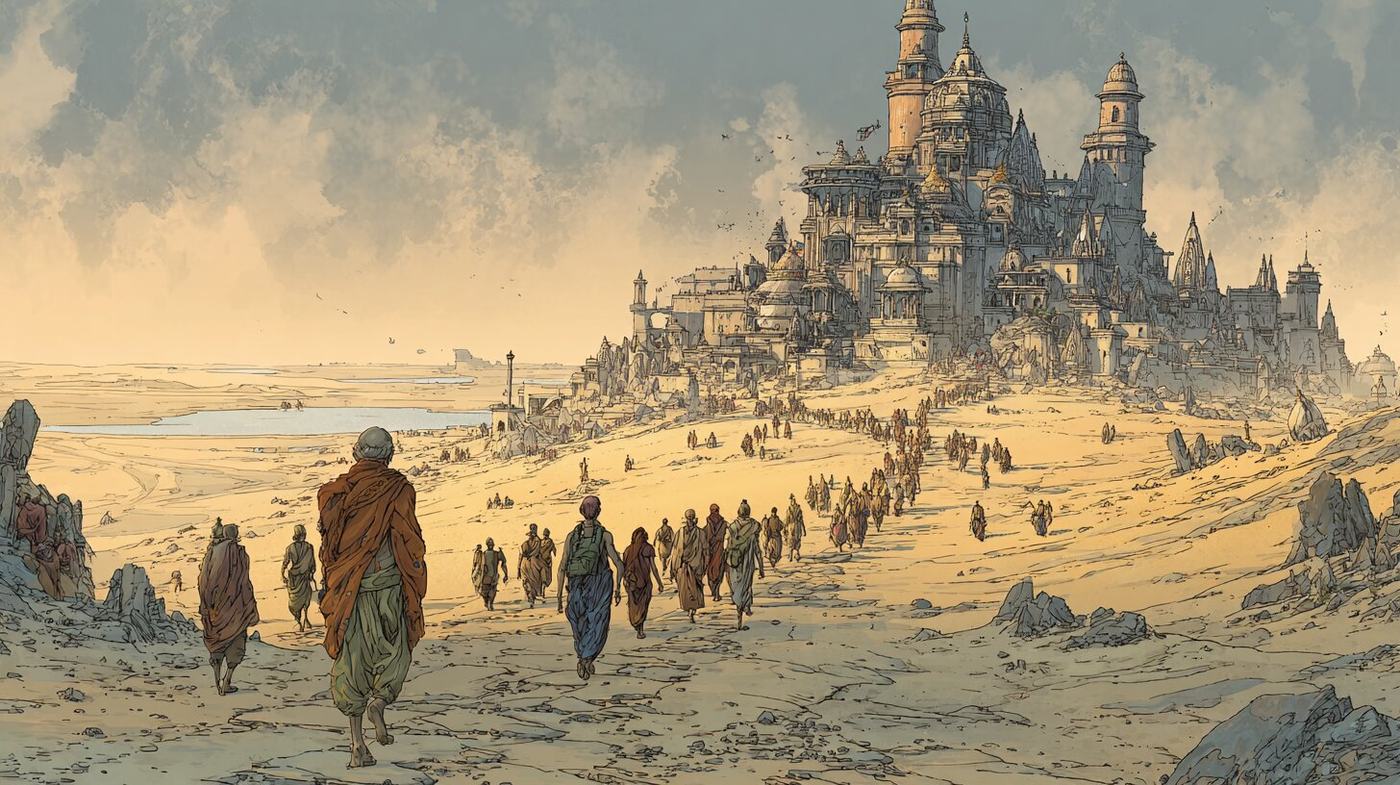 Barefoot pilgrims in robes walk in a long line across the sand toward a city of domes and spires piled on a hill.