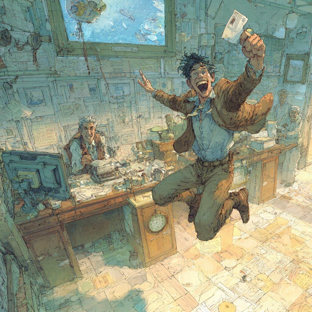 A grinning man leaps into the air in a cluttered office, holding a passport high, while an older clerk smiles from behind the desk.