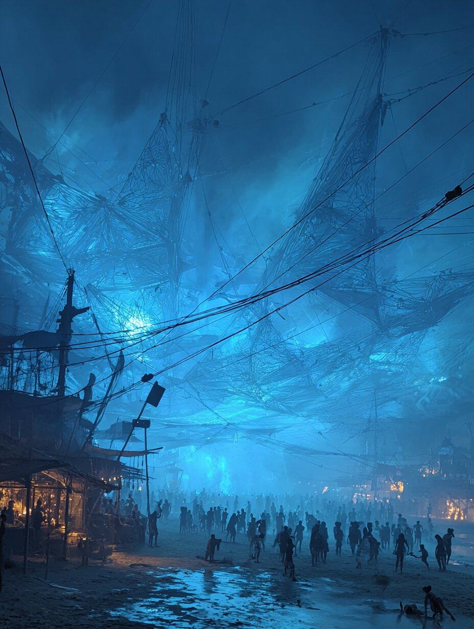 A crowd stands on a wet beach at night beside lamp lit wooden stalls, under a glowing blue sky webbed with nets of line and sagging cables.
