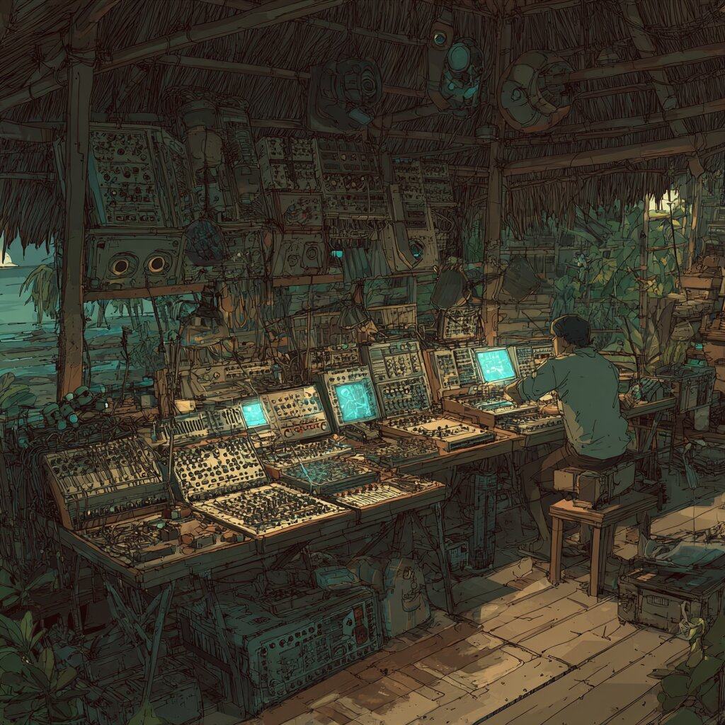 A man sits at a long bank of synthesizers and glowing screens inside a thatched hut crowded with cables, speakers and plants.