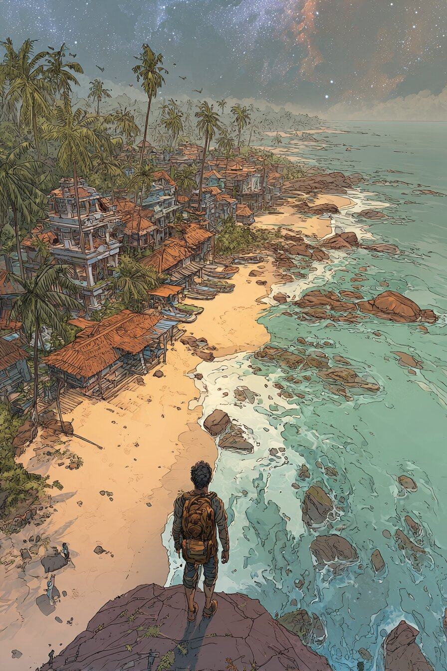 A traveler with a backpack stands on a rock above a long beach lined with tiled roofs and coconut palms, surf breaking over rocks under a dusky sky.
