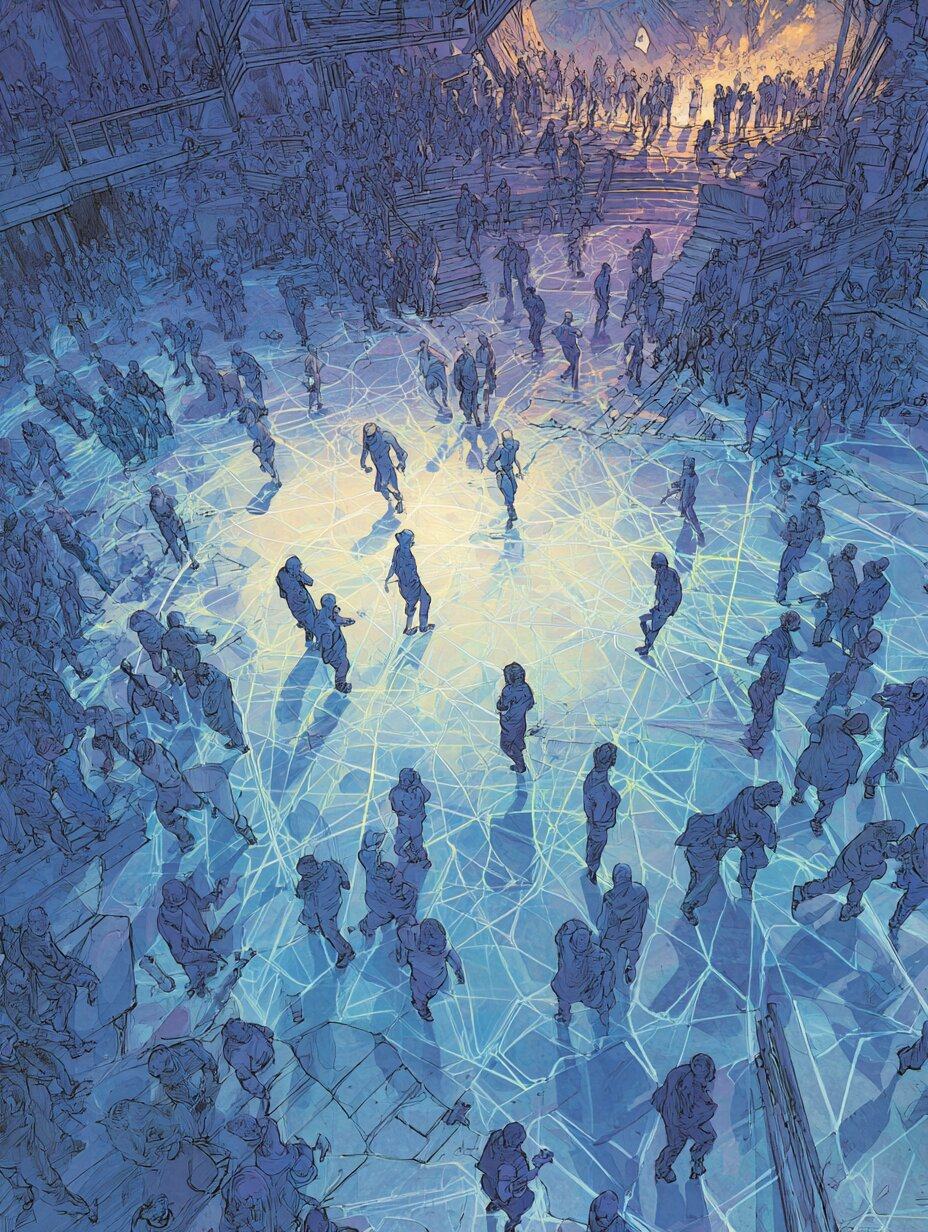 Seen from above, dark figures dance across a floor of glowing blue lines that brightens to white at the center.
