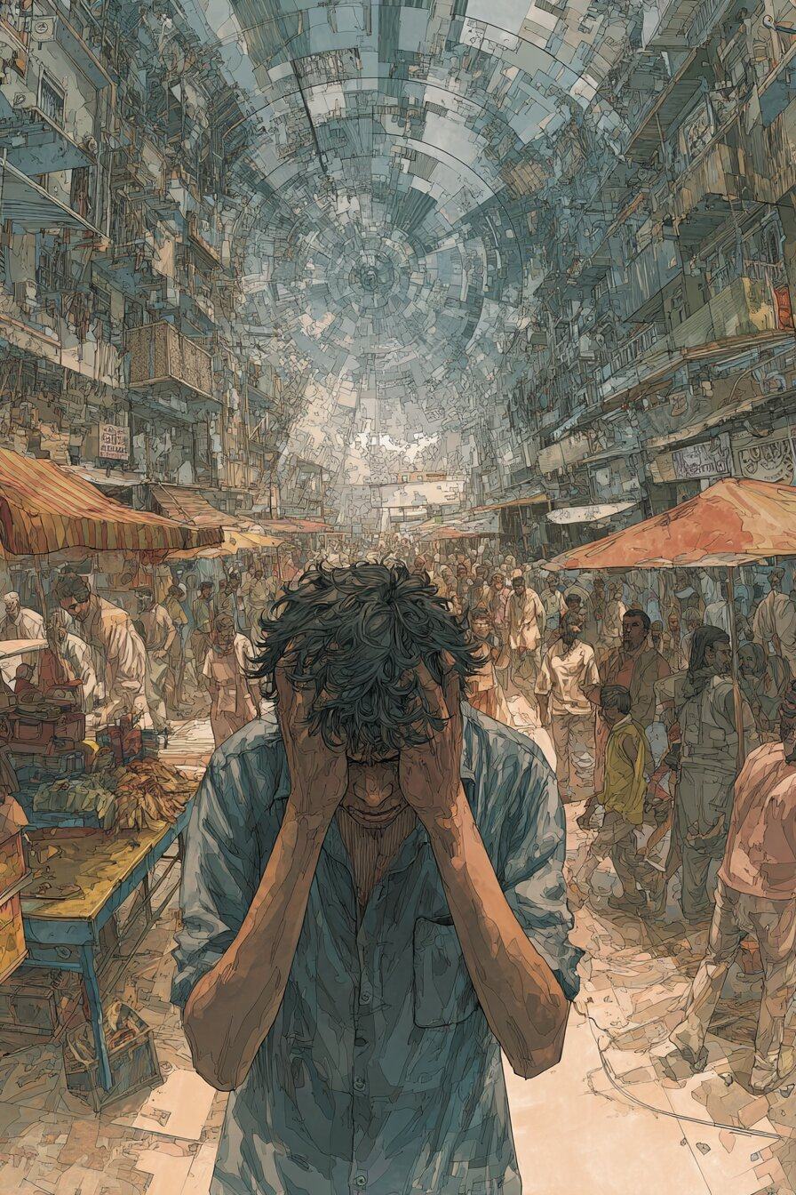 A young man stands in a packed market street with his head in both hands, the crowd and buildings curving into a tunnel around him.