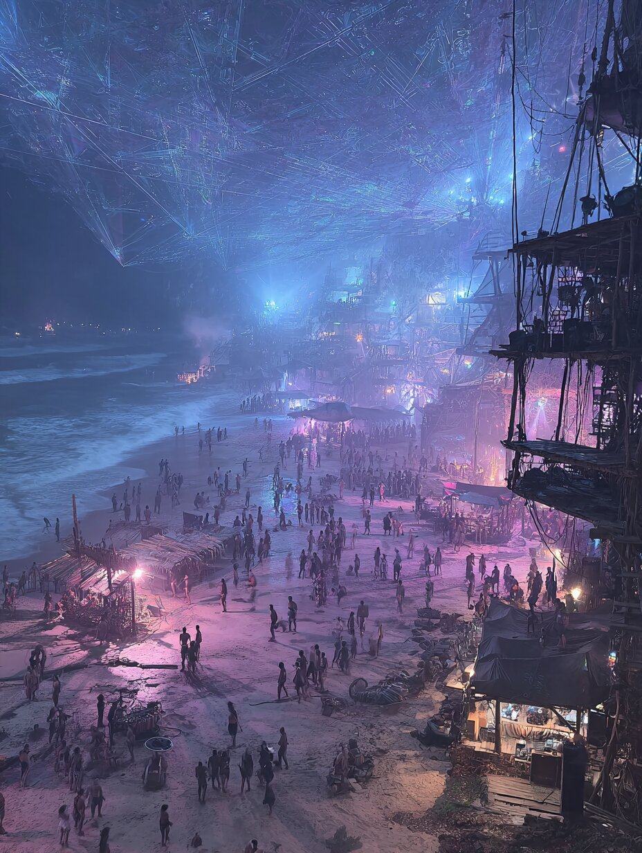 Seen from high up, hundreds of small figures crowd a beach at night lit pink and violet, tall wooden scaffolds of stalls on the right and beams of light crossing the sky.