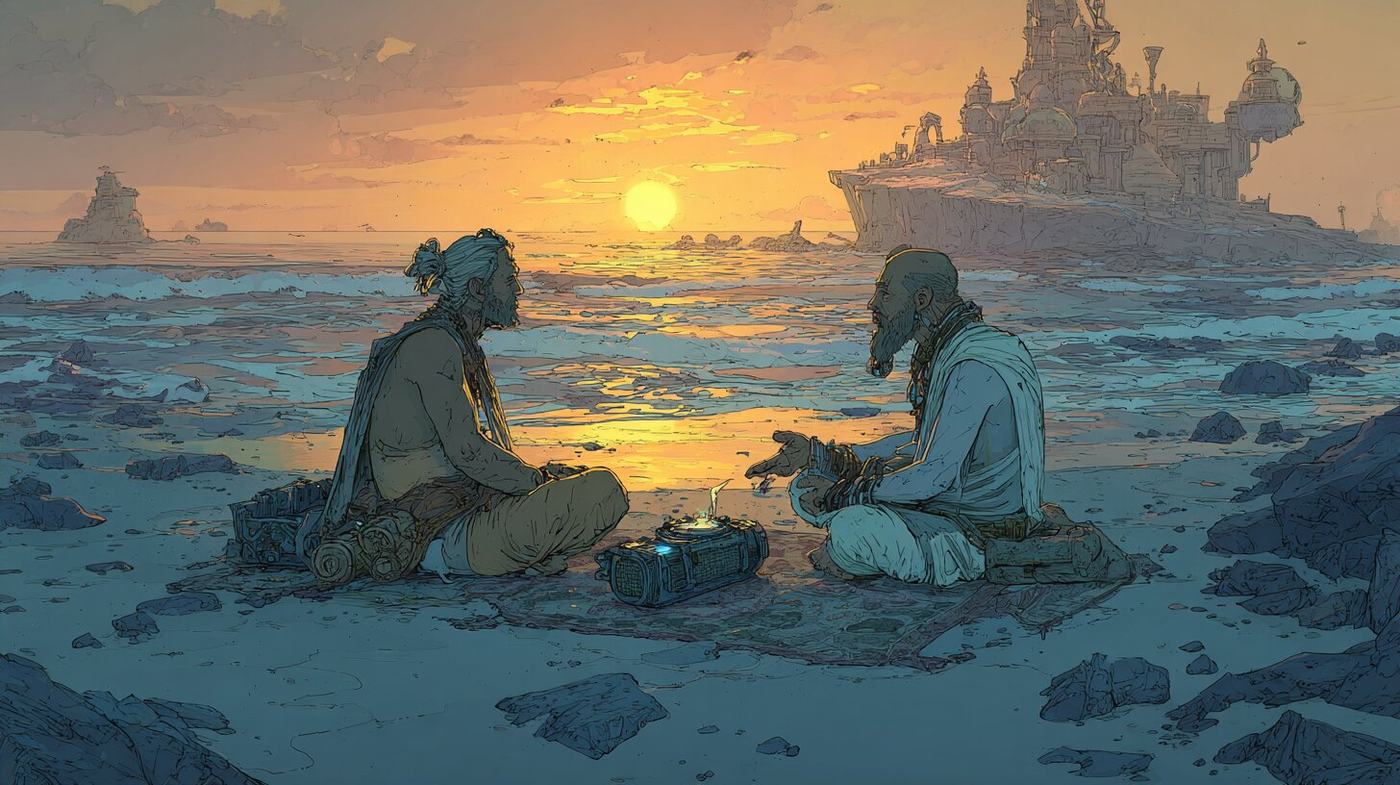 Two bearded men sit cross legged facing each other on a rocky beach at sunset, a small tape machine on the ground between them.