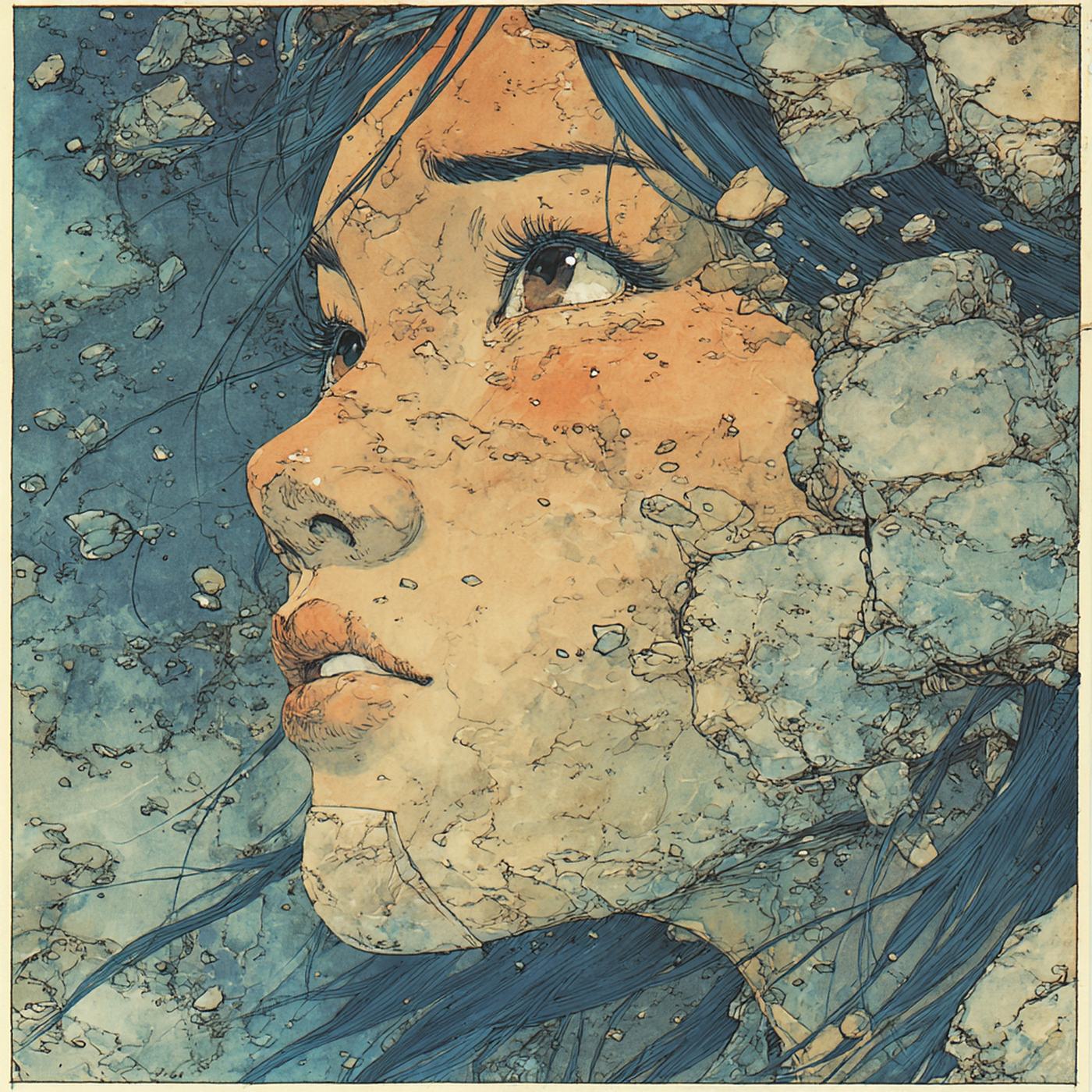 A young woman in profile looks upward, her face drawn like a cracked and peeling fresco in blue and orange.