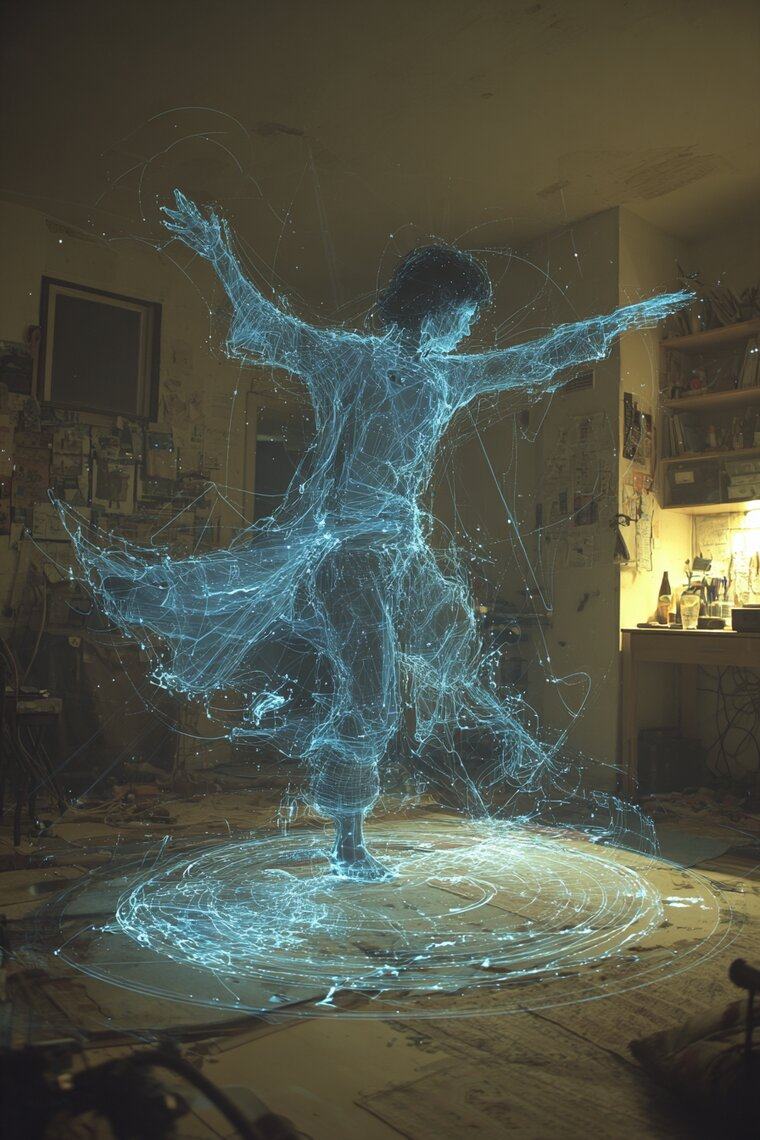 A glowing blue figure made of light dances with arms spread in a dim apartment room.