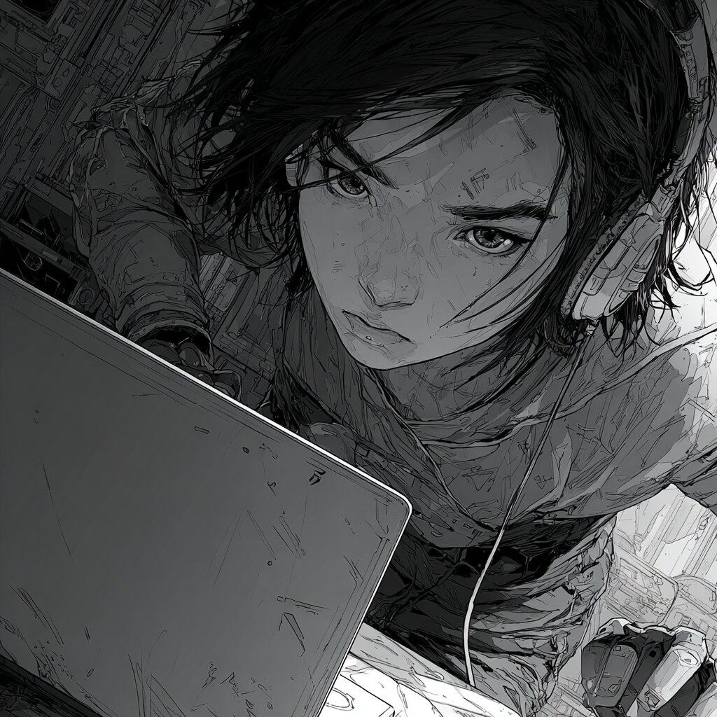 A young woman with short dark hair and earphones looks up from behind an open laptop, drawn in black and white.
