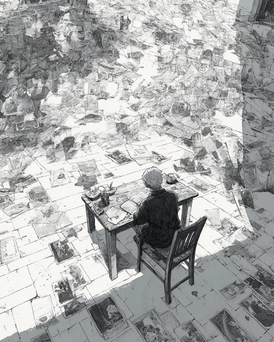 A man sits at a small desk in a room whose floor and walls are covered with scattered photographs, drawn in black and white.