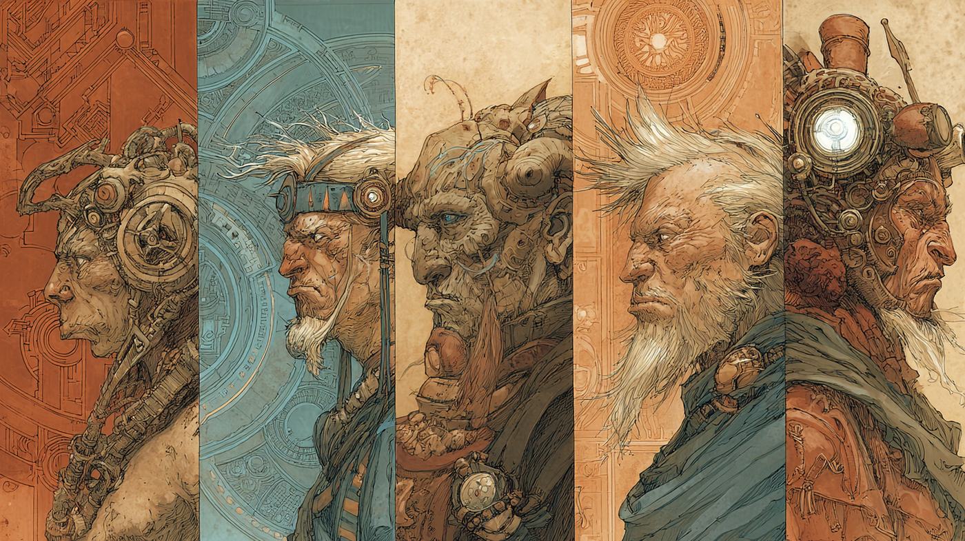 Five narrow panels side by side, each a face in profile: masked, helmeted, stern, white-bearded, and one of brass.