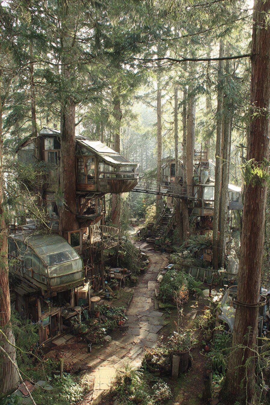 A path winds through a redwood forest past tree houses and an old trailer in shafts of sunlight.
