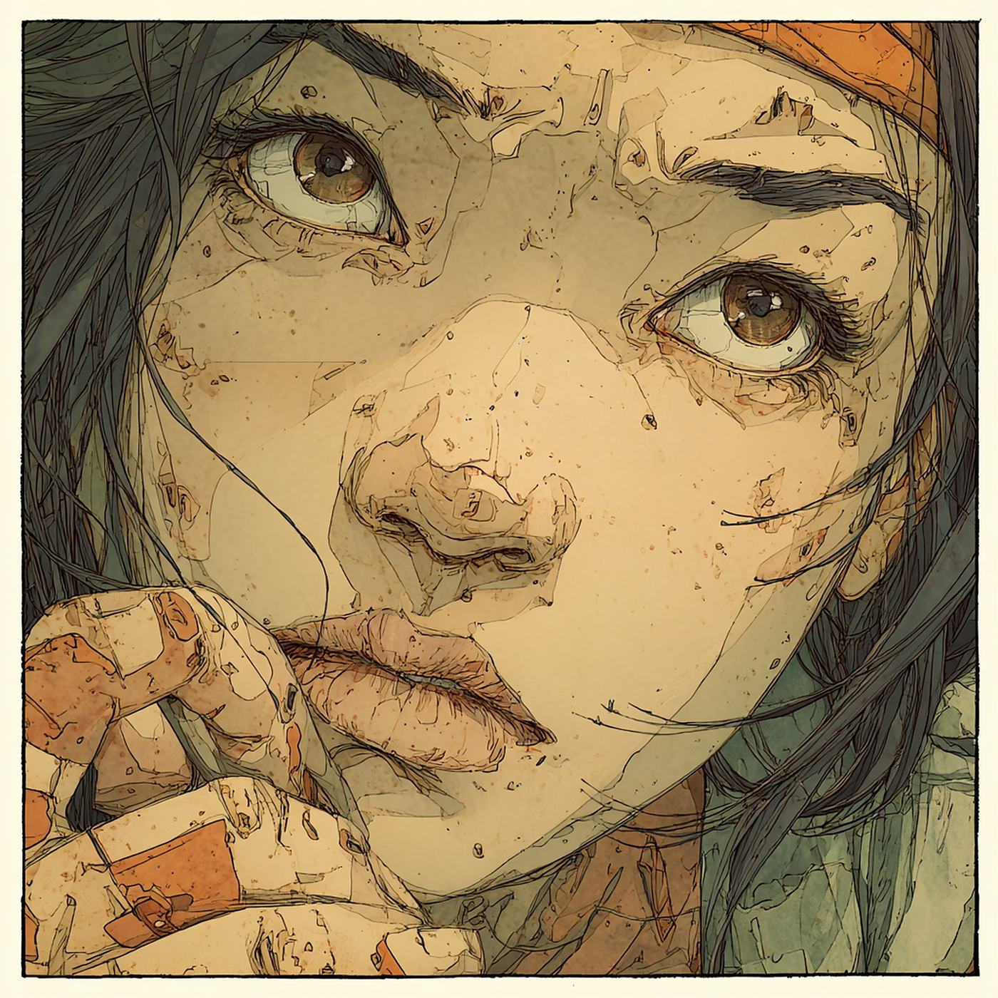 A young woman's face fills the frame, brown eyes looking up and aside, an orange band in her dark hair and her fingers resting at her lips.