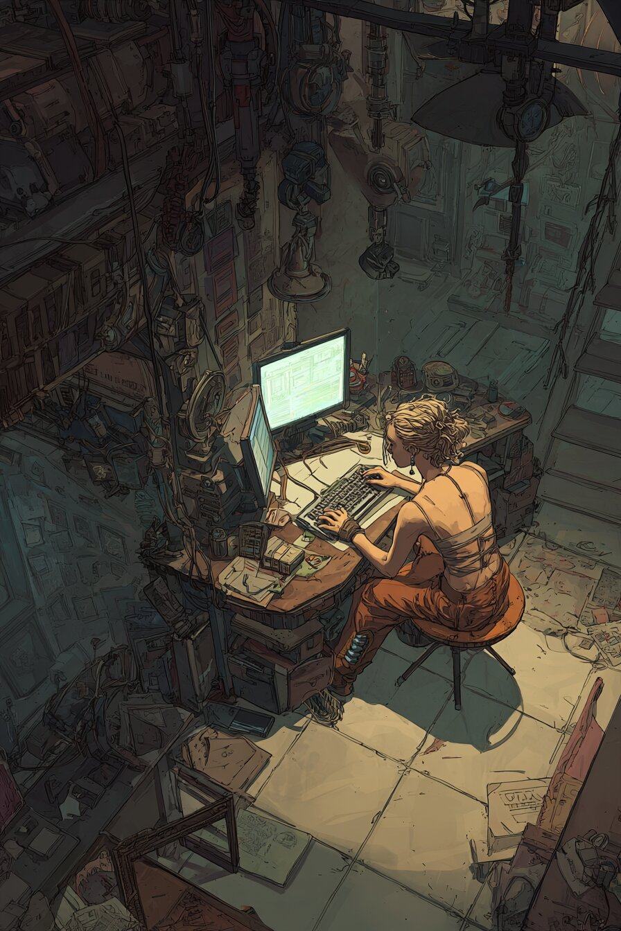 Seen from above, a woman types at a glowing computer screen in a dark cluttered room.