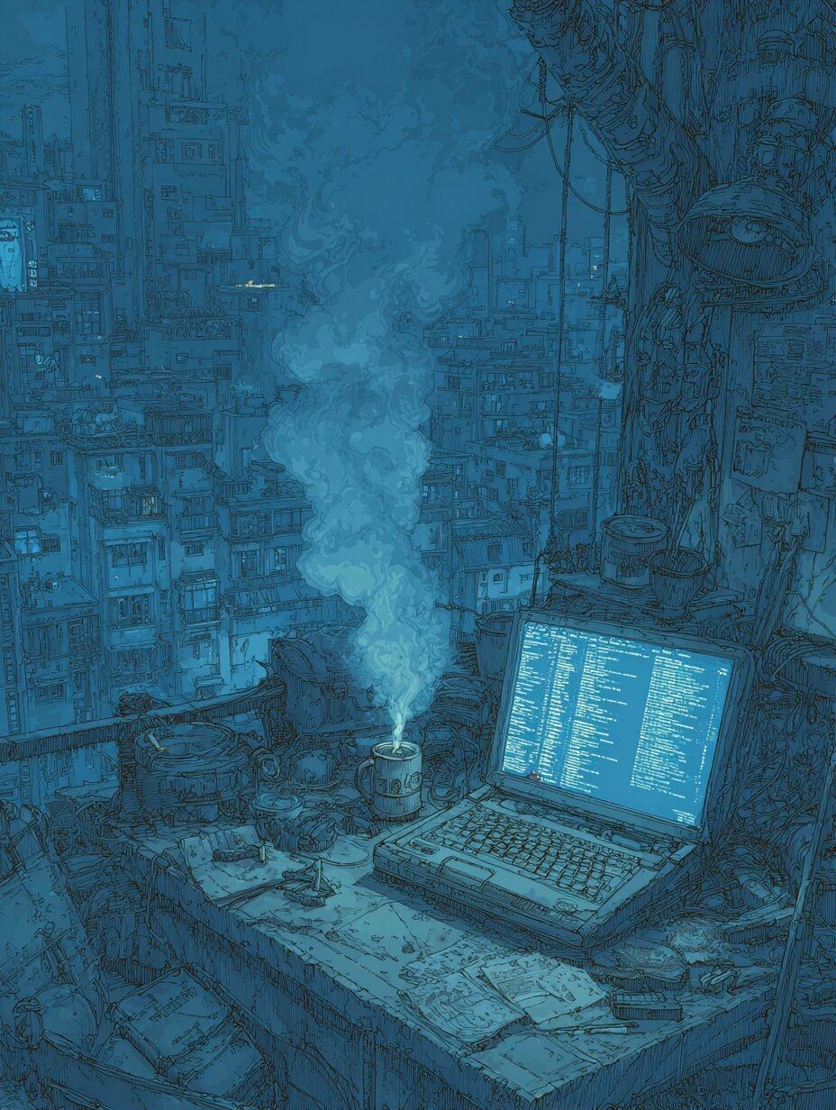 An old laptop glows with lists of blue text on a cluttered desk while smoke rises beside it.